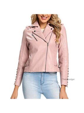 Faux Leather Moto Jacket Double Zip Up W/ Rivets Regular Plus Size